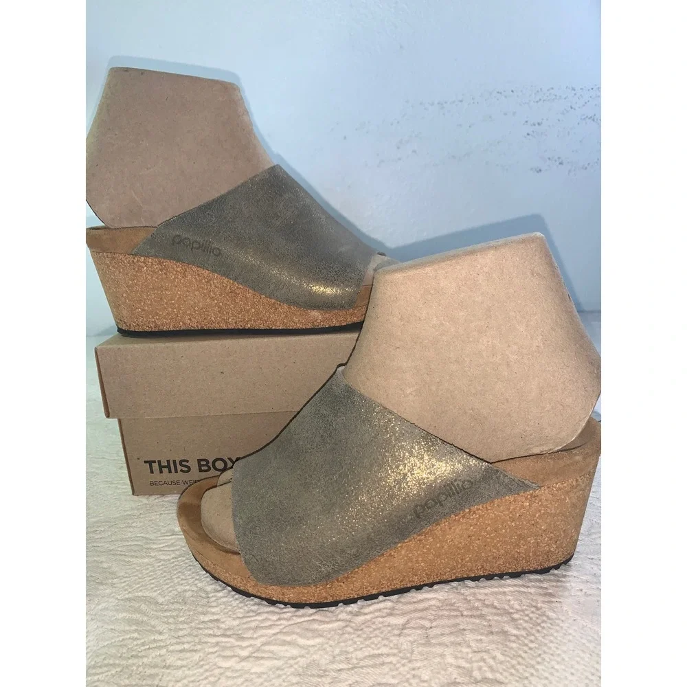 Papillio by Birkenstock Namica Metallic Silver Grey Suede Cork Wedge Sandals 36